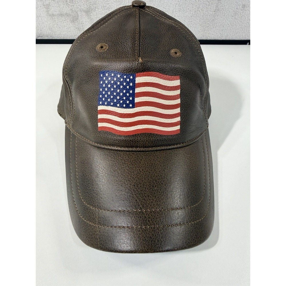 Vintage 90s Wilsons Leather American Flag Cap Hat Brown Pebble Grain Y2K Adjust